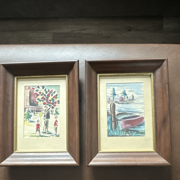 Other - KSE Framed Folk Art MCM Watercolor Set Children Seaside Boat Signed Small Canvas